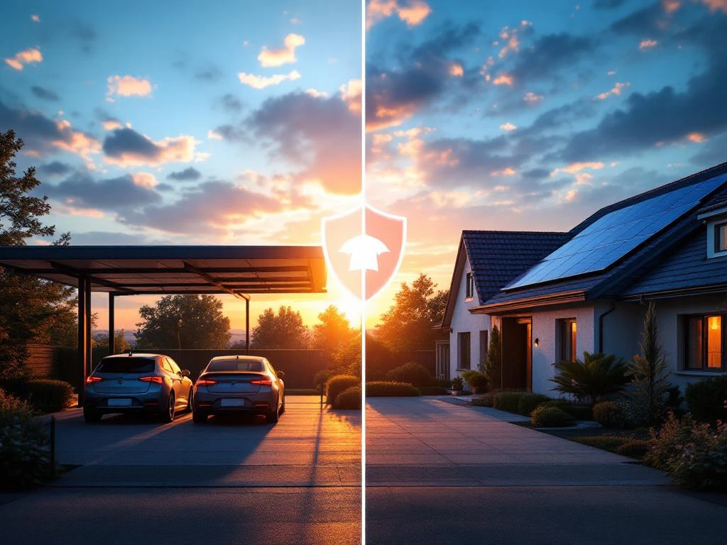 Split-screen vergelijking van zonnepanelen op moderne carport versus residentieel dak met verzekeringspictogram overlay