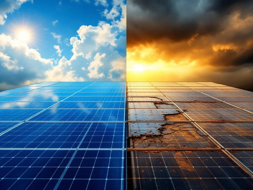 Zonnepanelen split-screen vergelijking: ongerepte blauwe panelen in zonlicht versus beschadigde panelen met scheuren en corrosie