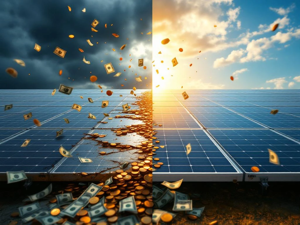 Gesplitst scherm zonnepanelen: beschadigde installatie met wegwaaiend geld links, goed onderhouden paneel in zonlicht rechts.
