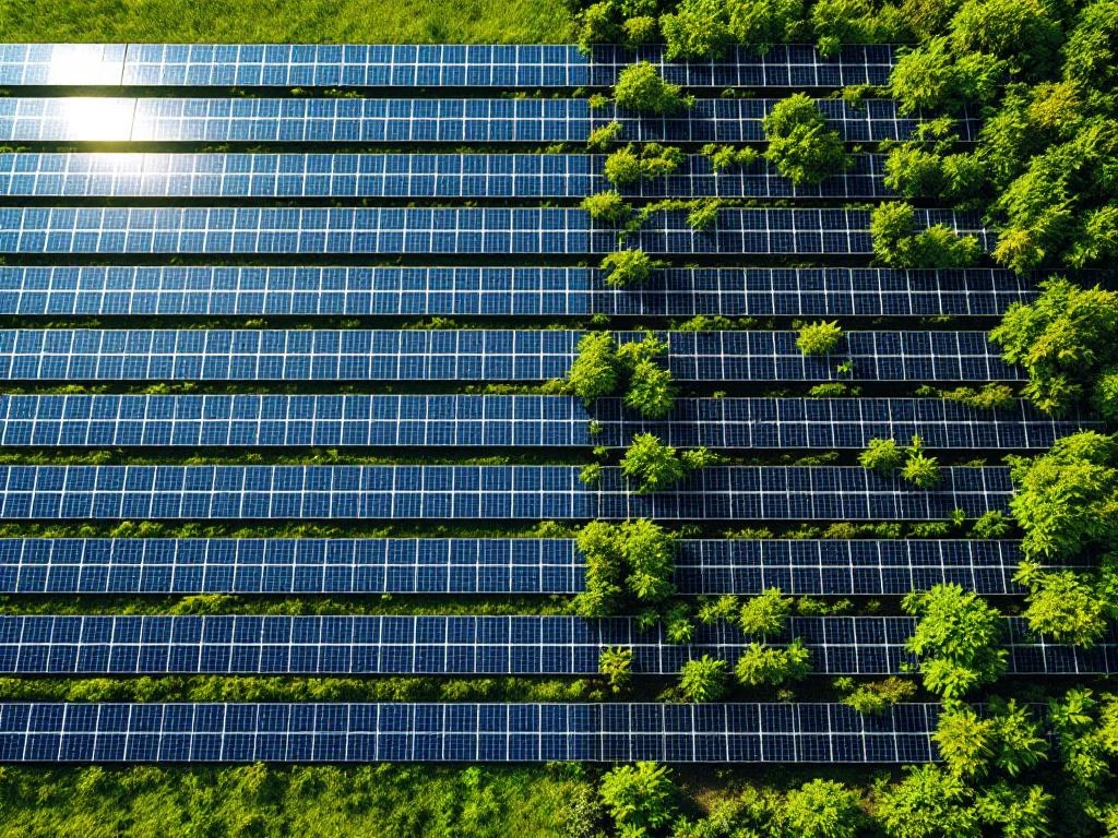 Aerial view of solar farm showing clean panels on left versus vegetation-covered panels on right demonstrating efficiency loss.