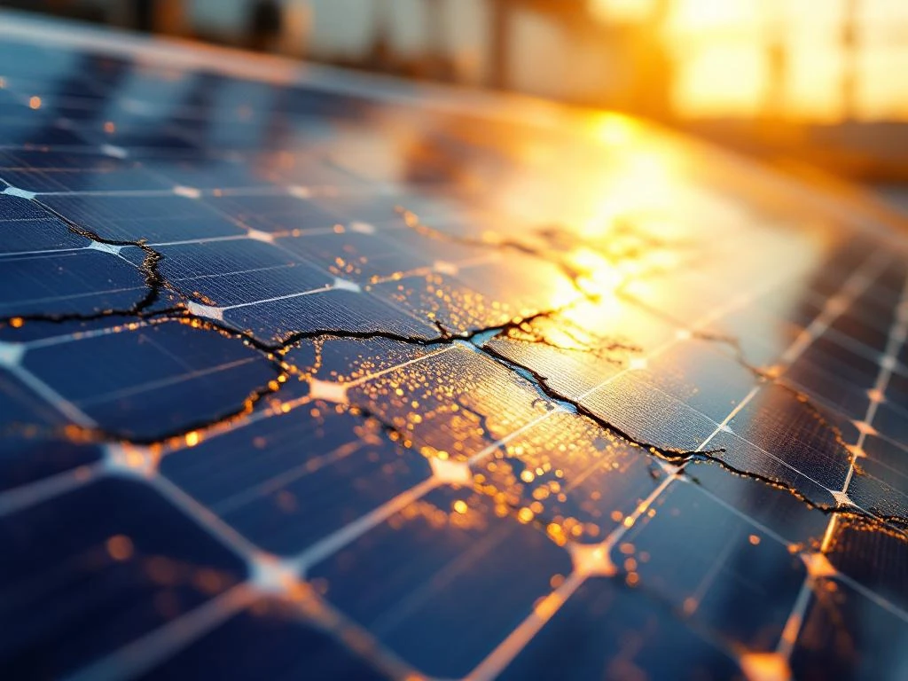 Zonnepaneeloppervlak met zichtbare fabricagefouten, waaronder haarlijnfracturen en verkleurde cellen, in dramatisch licht
