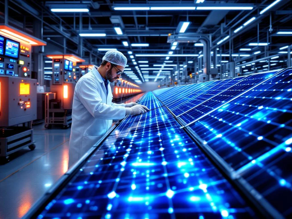 Kwaliteitsinspecteur in witte labjas onderzoekt zonnepanelen op geautomatiseerde assemblagelijn in moderne productiefaciliteit