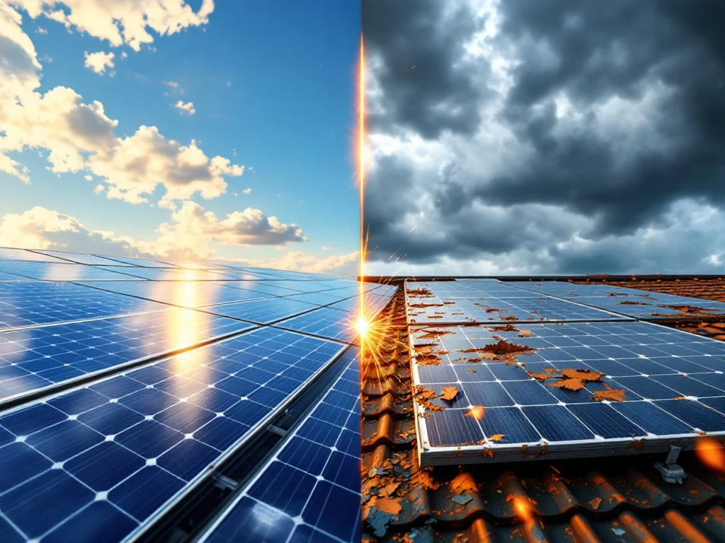 Schermvullende vergelijking van onbeschadigde blauwe zonnepanelen op een modern dak versus beschadigde panelen met scheuren en corrosie.