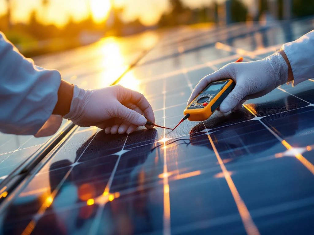 Kwaliteitsinspecteur met witte handschoenen test zonnepanelen met een digitale multimeter tijdens de gouden uur verlichting.