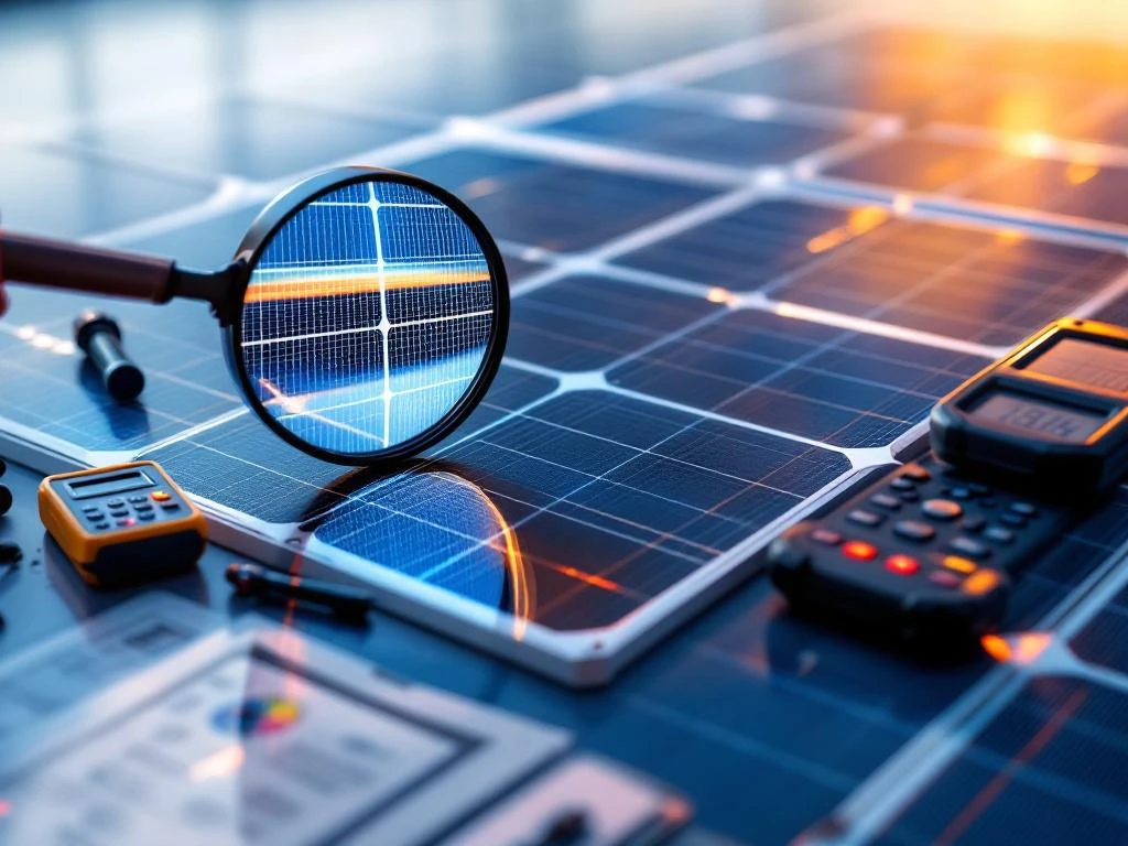 Zonnepaneel met vergrootglas dat celdetails onthult, omringd door inspectie-instrumenten waaronder multimeter en thermische camera op wit oppervlak.