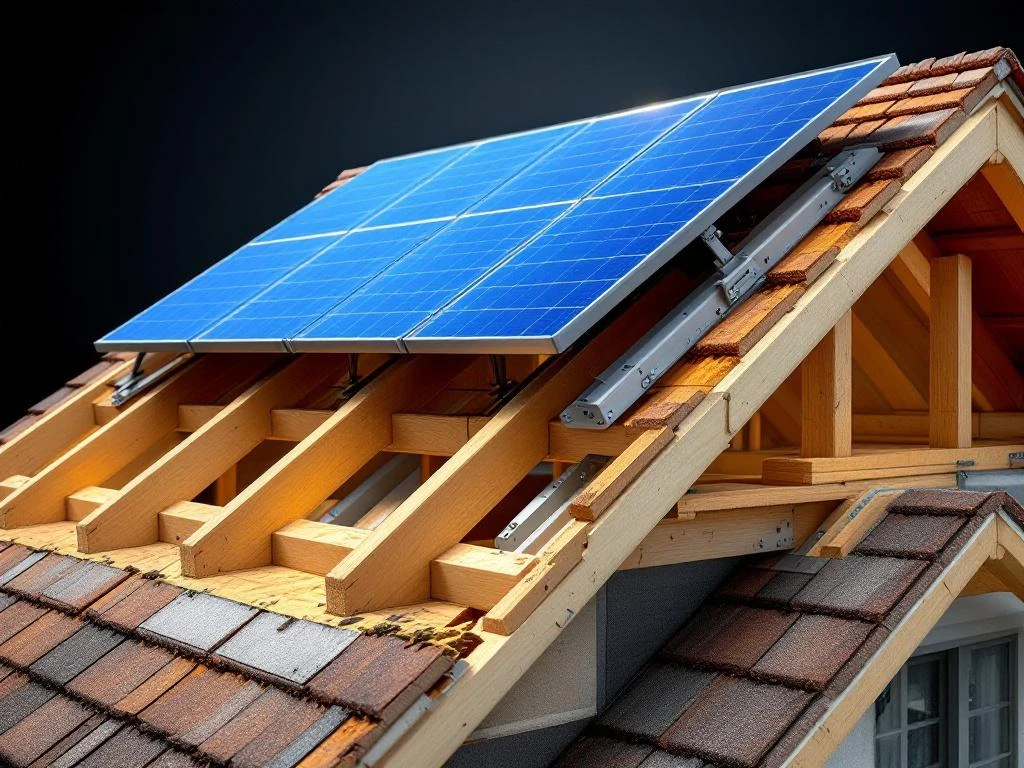 Zonnepanelen gemonteerd op een woningdak met zichtbare houten balken en montagemateriaal in dwarsdoorsnede.