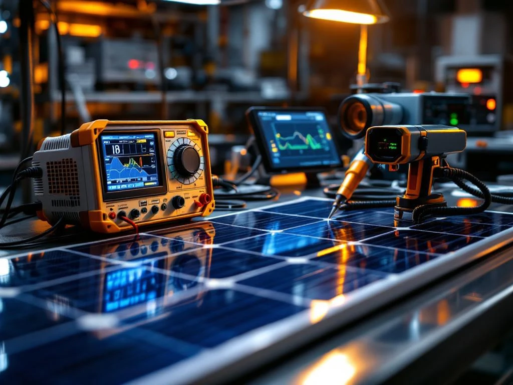 Professionele testapparatuur voor zonnepanelen, waaronder multimeter, thermische camera en meetprobes op een laboratoriumbank.