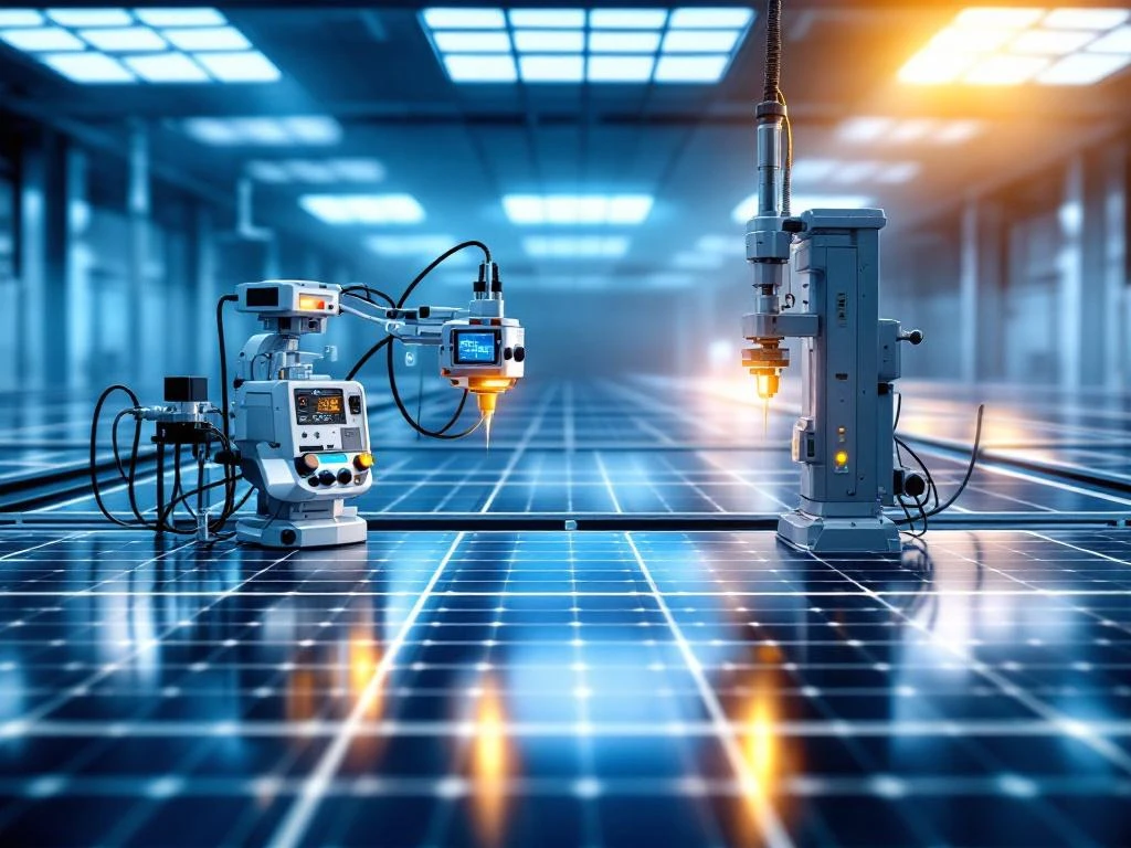 Zonnepanelen in laboratoriumrijen met hightech testapparatuur en digitale displays voor kwaliteitscontrolebeoordeling.