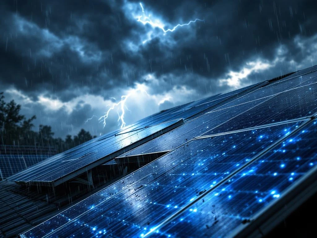 Zonnepanelen op het dak tijdens zwaar onweer met bliksem, donkere wolken en regen die zichtbare schade aan de installatie veroorzaakt.