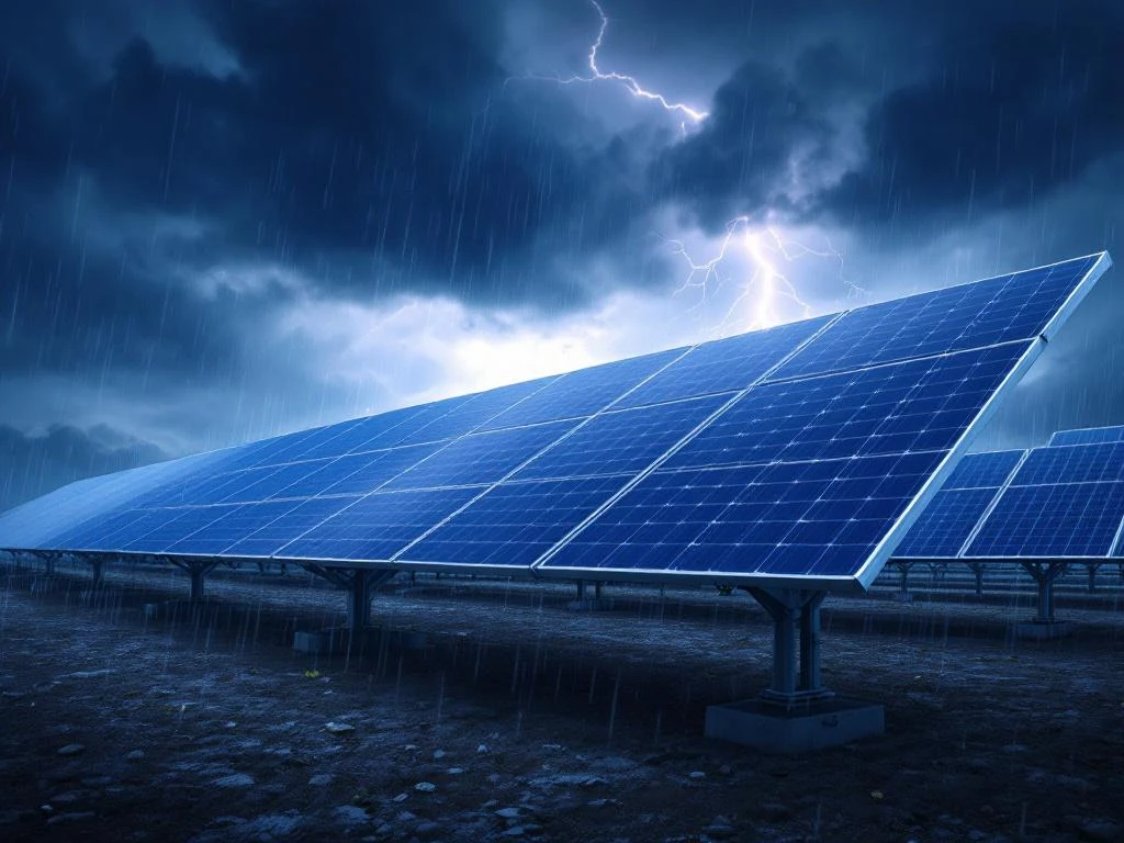 Zonnepanelen stevig gemonteerd tijdens onweer met bliksem, als demonstratie van weerbestendige duurzame energie-infrastructuur.