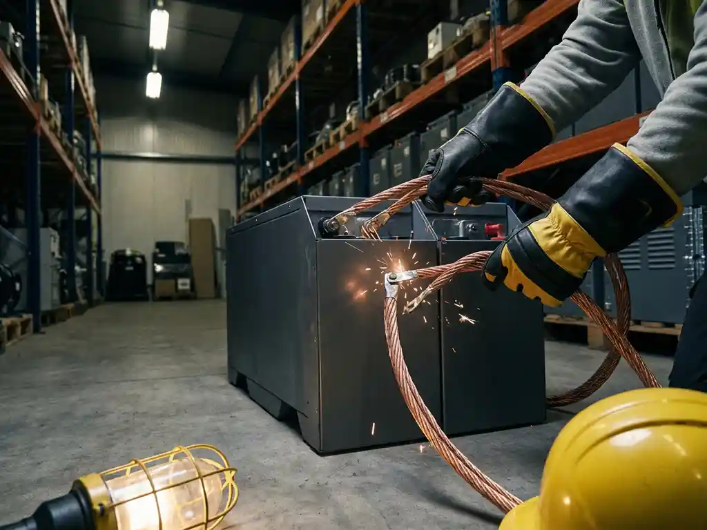 Monteurs met handschoenen sluiten koperkabels verkeerd aan op de batterij-energieopslagsysteem met vonken die ontstaan bij losse verbindingen