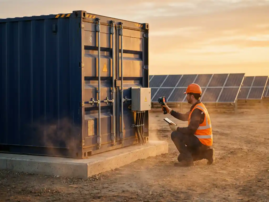 Batterij energieopslagcontainer op betonnen ondergrond met ingenieur in veiligheidsvest die verbindingen inspecteert met handheld apparaat, zonnepark zichtbaar op achtergrond tijdens het gouden uur