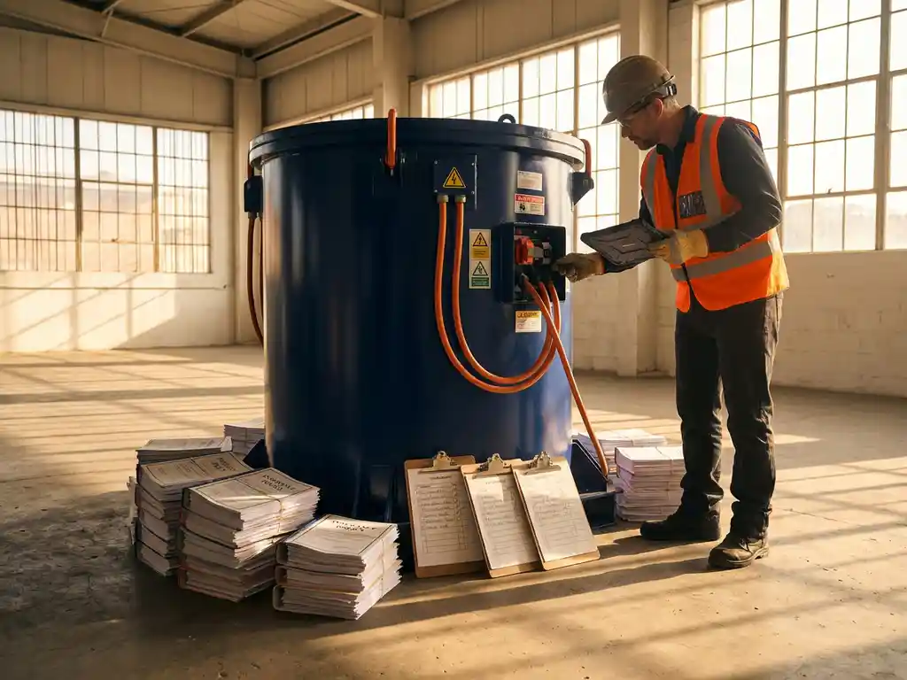 Veiligheidsinspecteur in hivis-vest inspecteert grote cilindrische batterijopslagcontainer met tablet, omringd door verzekeringsdocumenten en inspectiekladblokken in een zonnig industrieel magazijn.