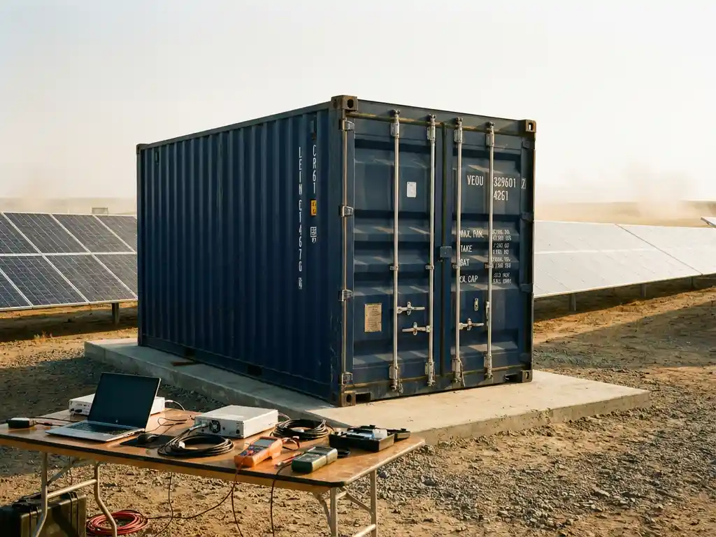 Grote industriële batterijopslagcontainer op betonnen fundering omringd door zonnepanelen op duurzame-energiecentrale
