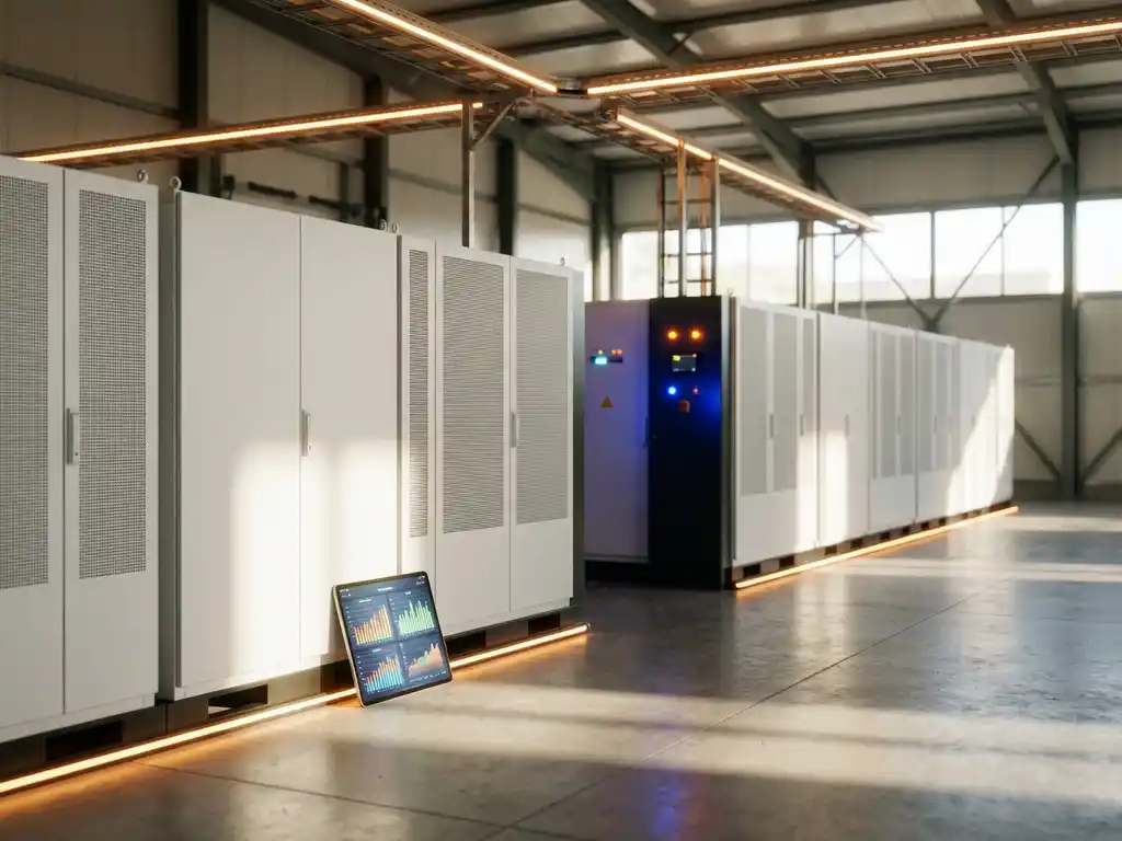 Witte lithium-ion batterijmodules in industrieel opslagterrein met digitale tablet die operationele datakaarten weergeeft