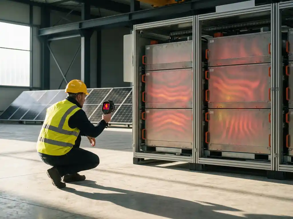 Veiligheidsinspecteur in een reflecterend vest gebruikt thermische beeldvormingsapparatuur om een industriële batterijopslagunit te inspecteren, waarbij warmtesignaturen in rode en oranje gradaties worden getoond bij een zonne-energiecentrale.