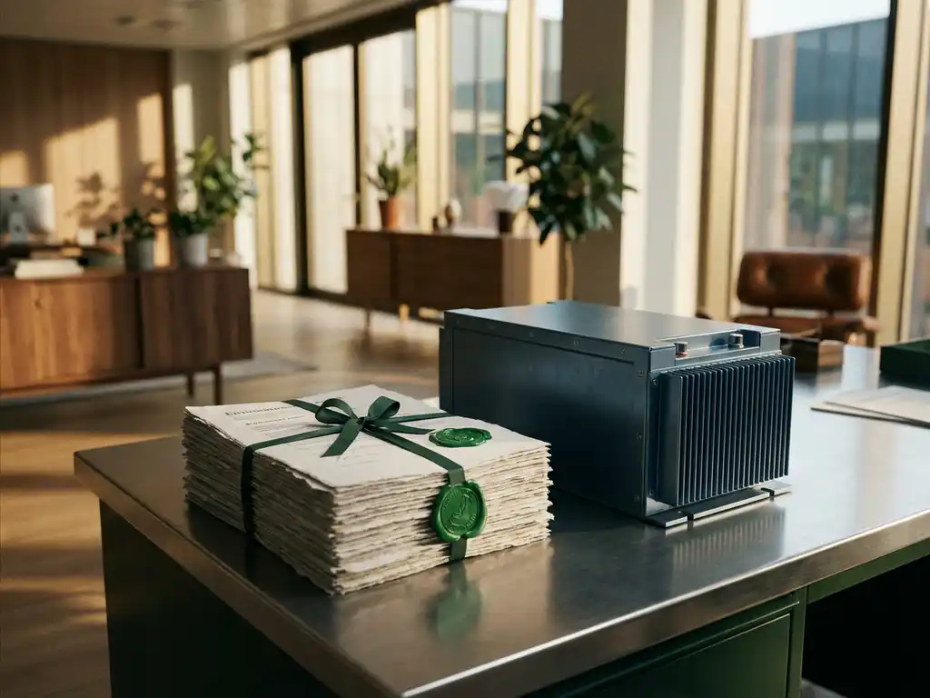 Milieuvergunningdocumenten met groene overheidszegels naast een container voor industriële batterijopslag op een stalen bureau in een modern kantoor