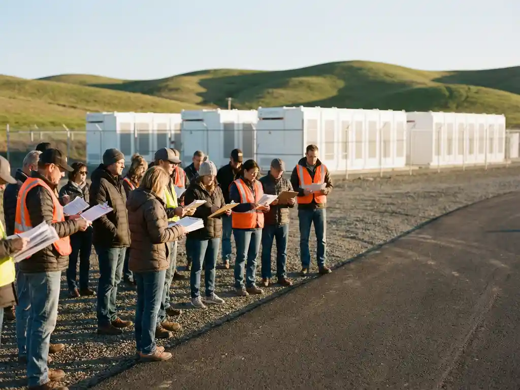 Residents with clipboards gather near white battery storage containers on paved road with green hills behind in afternoon light