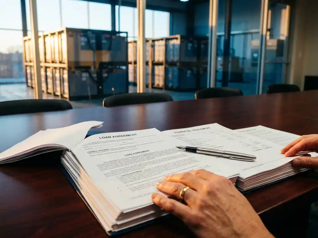 Financial documents and loan agreements stacked on mahogany conference table with silver pen, industrial battery storage units visible through windows in background.