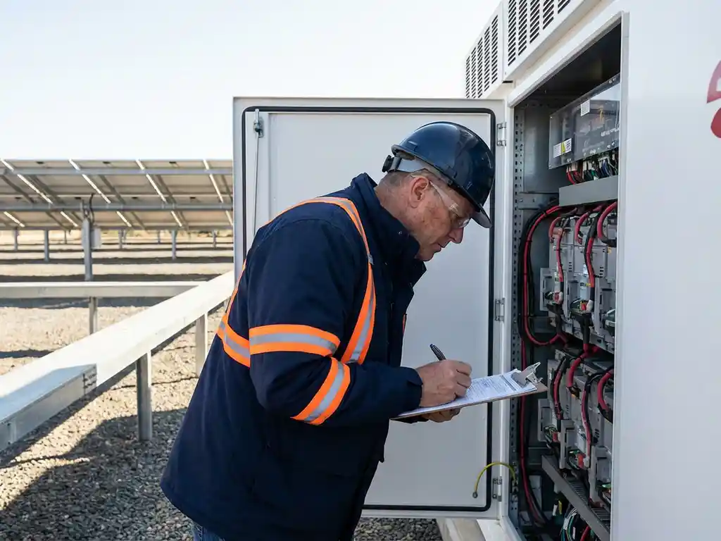 Professionele inspecteur in veiligheidsuitrusting onderzoekt open witte batterijopslagcontainer met klembord bij zonne-energiecentrale met panelenrijen op de achtergrond