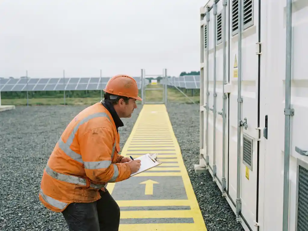 Veiligheidsinspecteur in oranje hesje onderzoekt witte batterijopslagcontainer terwijl hij nood evacuatie routes bij zonne-energiecentrale documenteert