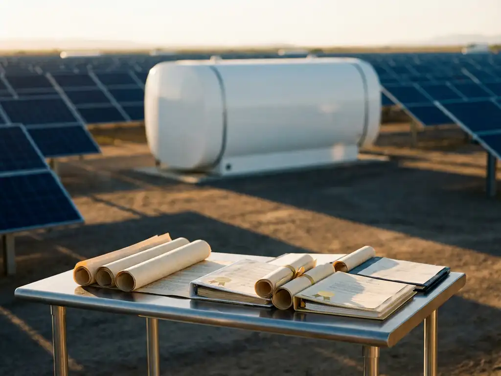 Large white cylindrical battery storage system in solar farm with insurance documents on steel table, blue solar panels extending to horizon under golden sunlight.