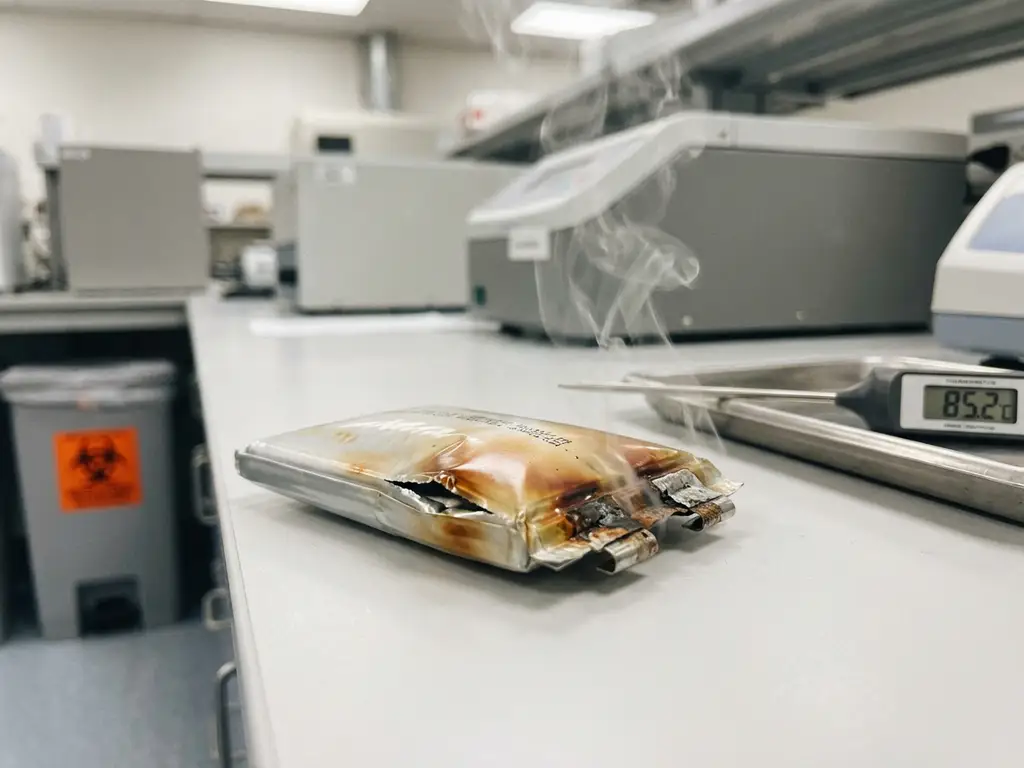 Opgezwollen lithium-ionbatterij met hitteschade en dampemissies op laboratoriumtafel met digitale thermometer die verhoogde temperatuur aangeeft