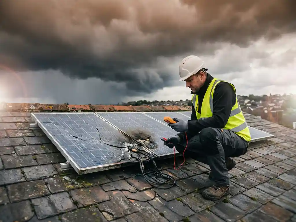 Beschadigd zonnepaneel met brandplekken en gesmolten bedrading op het dak terwijl een inspecteur het met een multimeter onderzoekt onder een stormachtige hemel