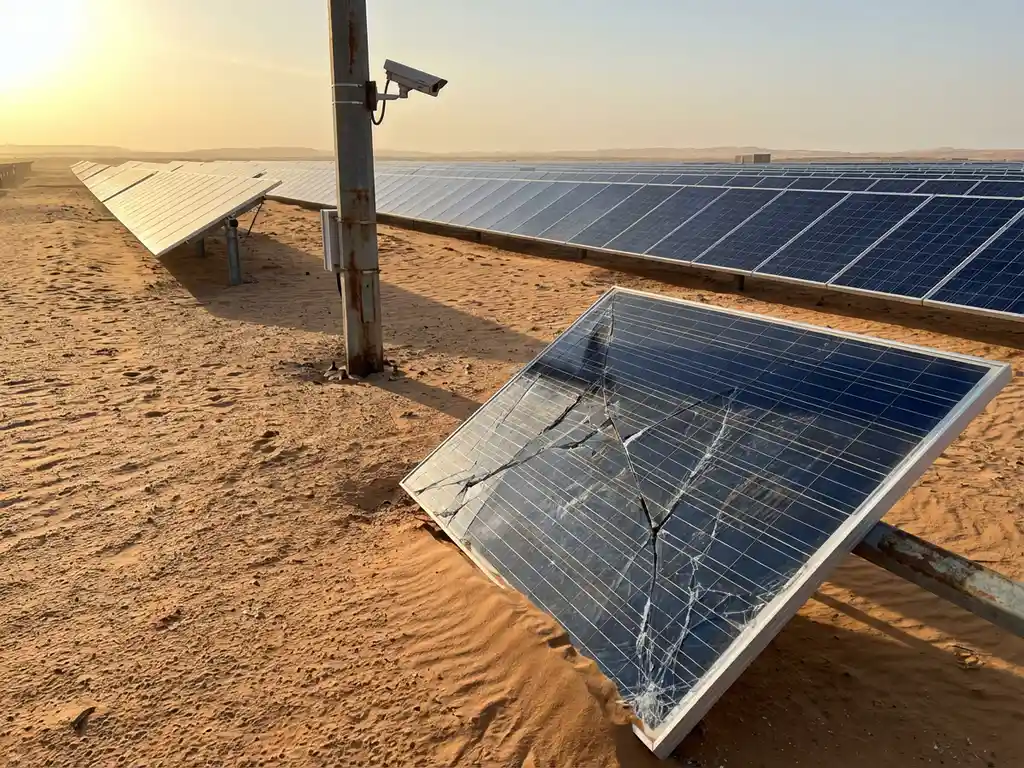 Damaged solar panel with cracks on desert sand, security camera monitoring pristine solar array installation in background