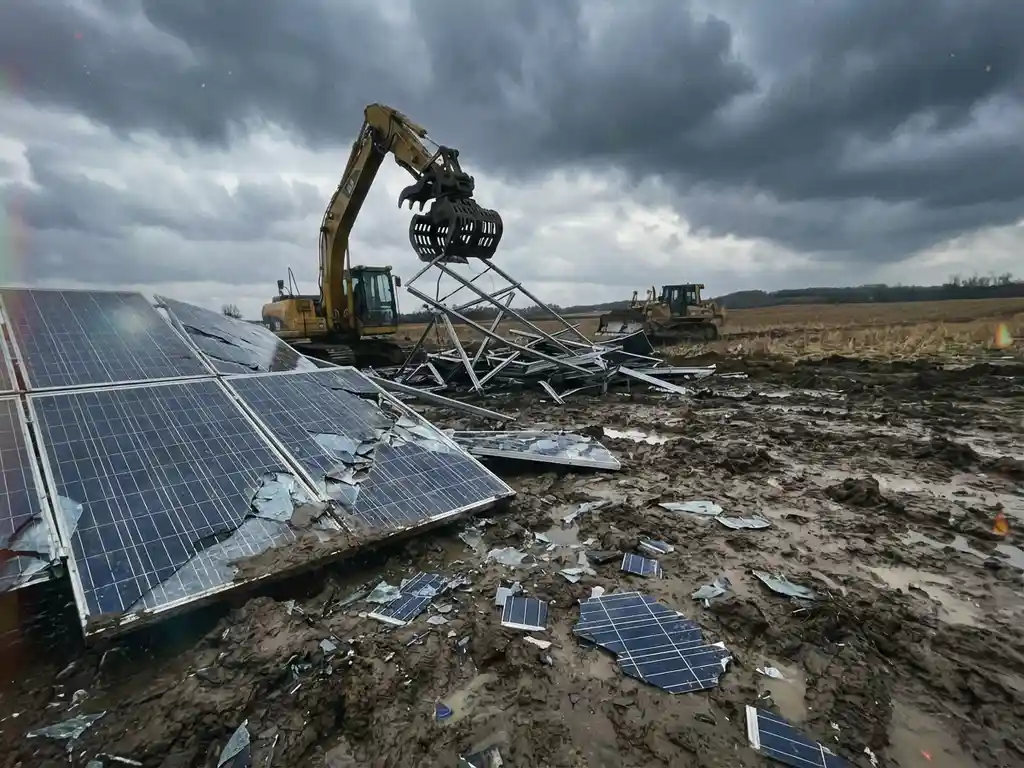 Damaged solar panel array buried in mud with yellow excavator removing debris under stormy gray sky