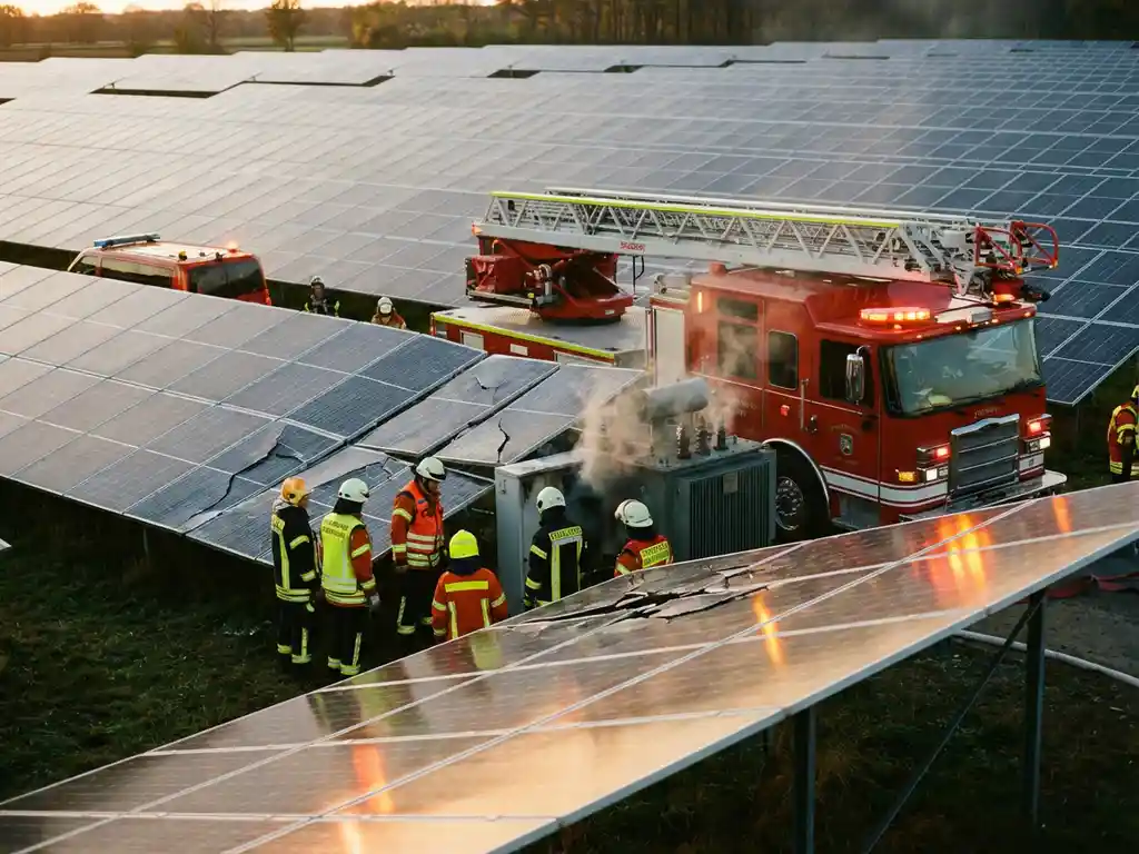 Rode brandweerwagen met uitgeschoven ladder bij zonnepaneelinstallatie, hulpverleners in reflecterende kleding die beschadigde panelen onderzoeken met rook die uit elektrische apparatuur opstijgt