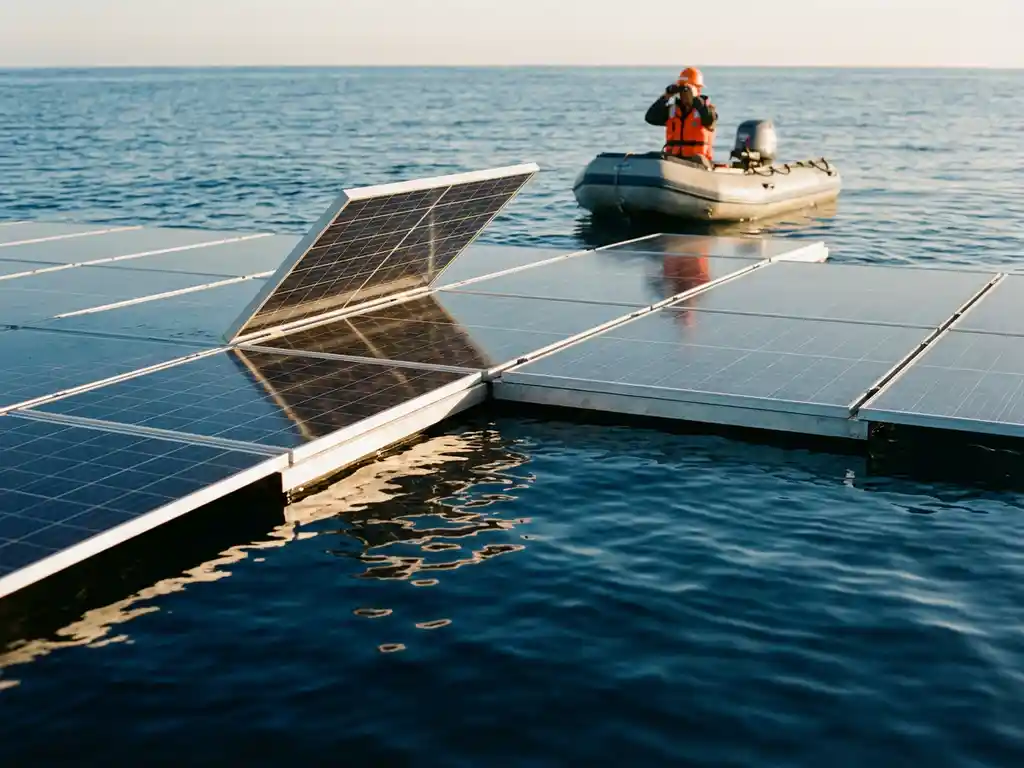 Drijvend zonnepanelenpark op kalm blauw water met een verzekeringsinspecteur in een veiligheidsvest die de installatie vanaf een boot onderzoekt