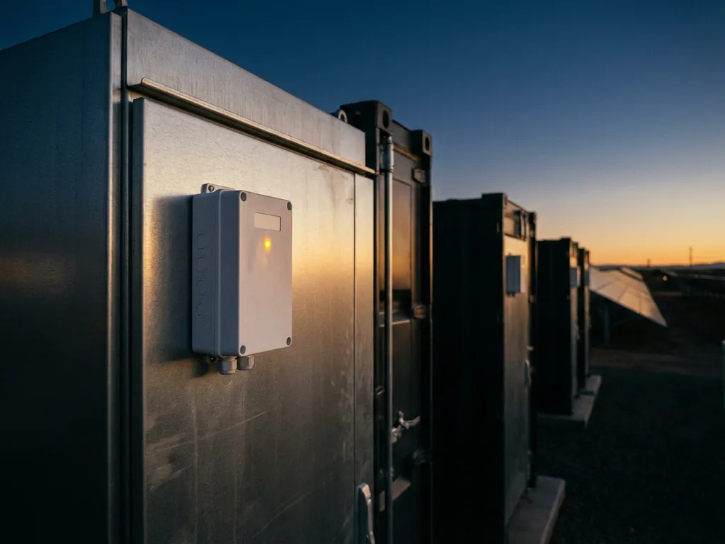 Witte gasdetectiesensor met amberkleurige LED gemonteerd op lithiumbatterijopslagcontainer in zonnefaciliteit met gouden zonlicht