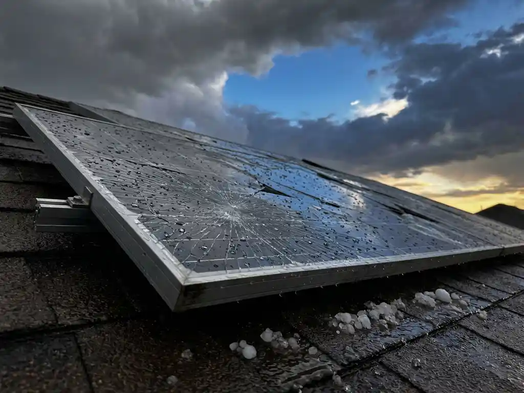 Gebarsten zonnepaneel met waterdruppels op het dak van een woning na een hagelstorm, smeltende hagelstenen zichtbaar op natte dakpannen