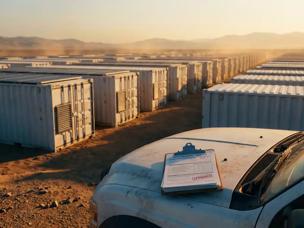 Industrial battery storage facility with white modular units across desert landscape, inspection clipboard on utility vehicle hood in foreground during golden hour