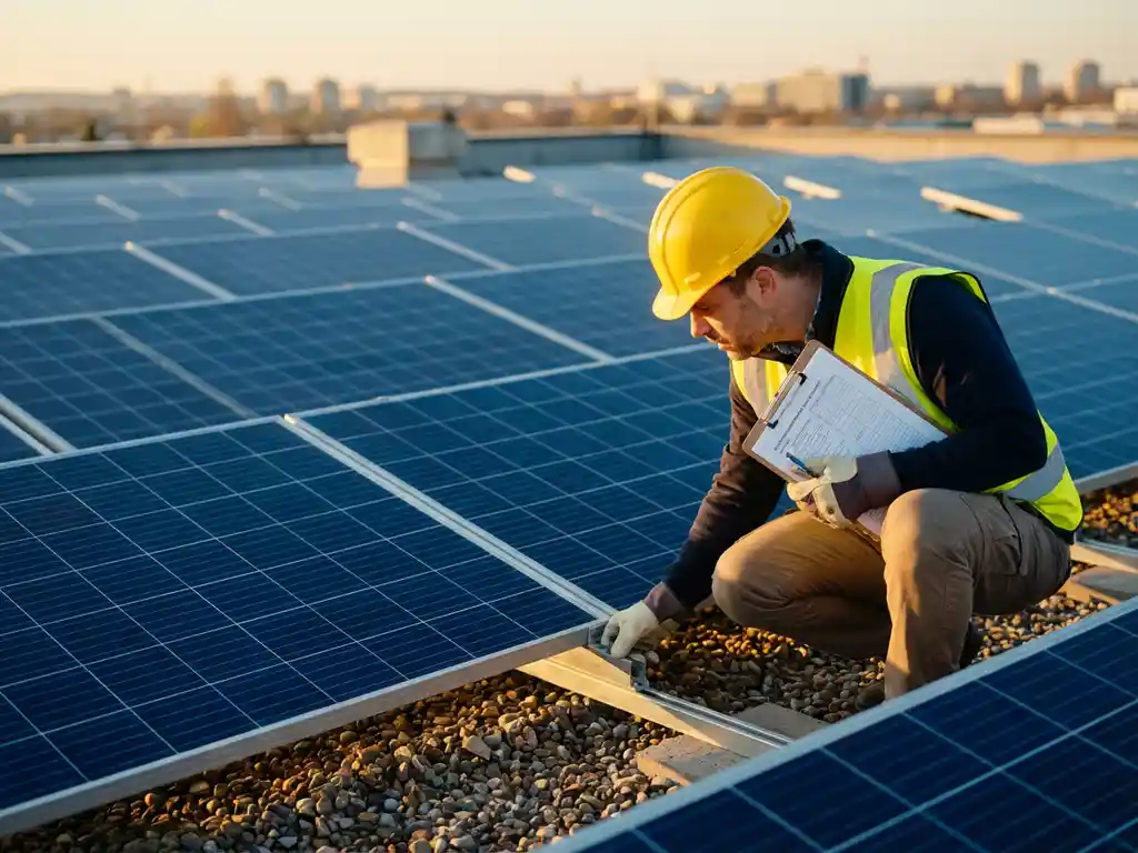 Insurance inspector in safety helmet examines solar panel mounting brackets on commercial rooftop with clipboard during golden hour