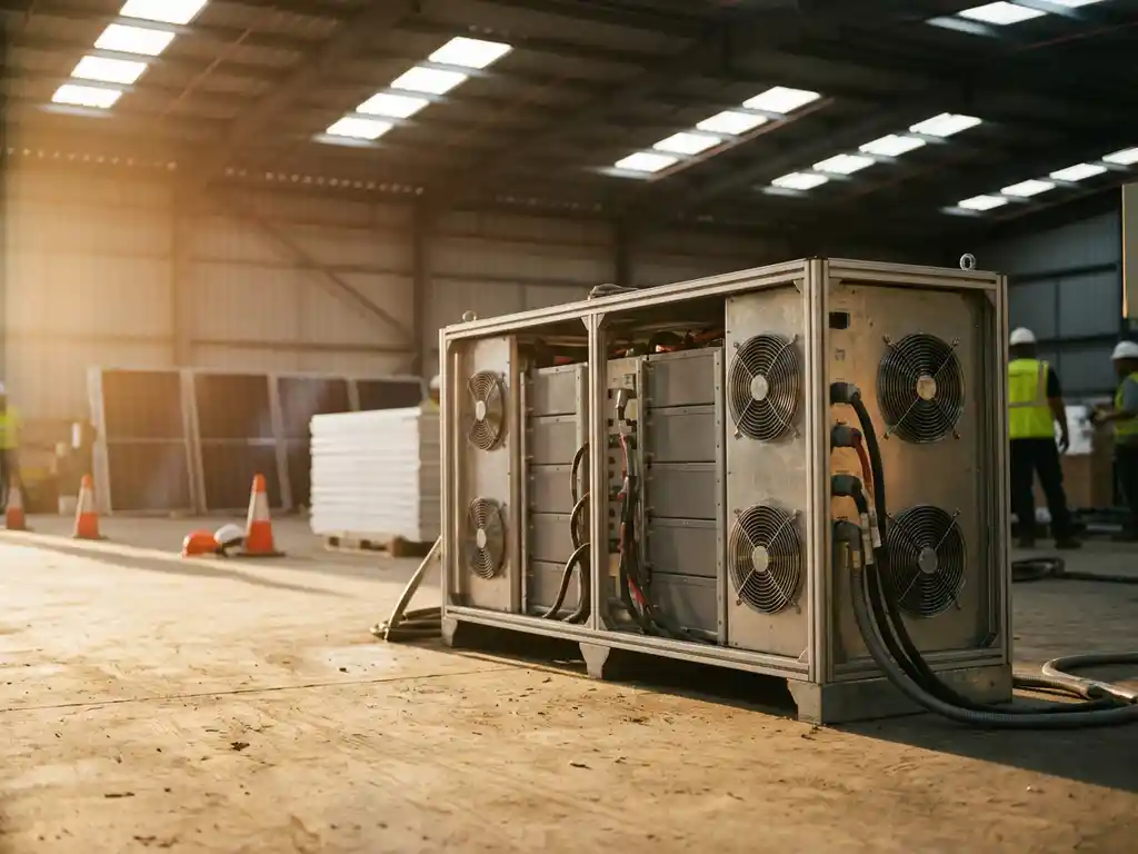 Industriële lithiumbatterijmodule met ventilatoren op betonnen vloer in zonne-installatie met warm zonlicht dat door dakramen schijnt