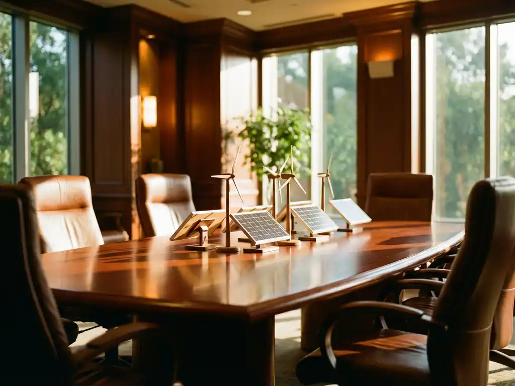 Mahogany boardroom table displaying solar panel samples and wind turbine miniatures with leather chairs and golden sunlight streaming through windows