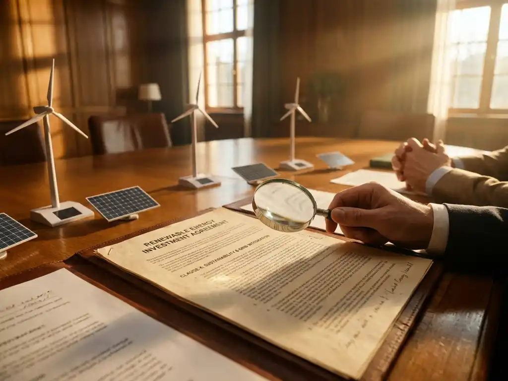 Contract document with renewable energy clauses on conference table surrounded by miniature wind turbines and solar panels