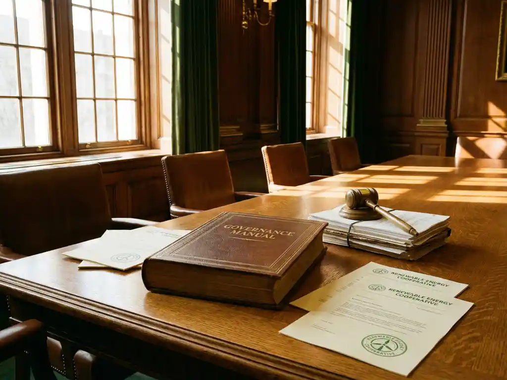 Open governance manual on oak conference table with renewable energy cooperative documents, brass gavel, and legal papers in sunlit meeting room.