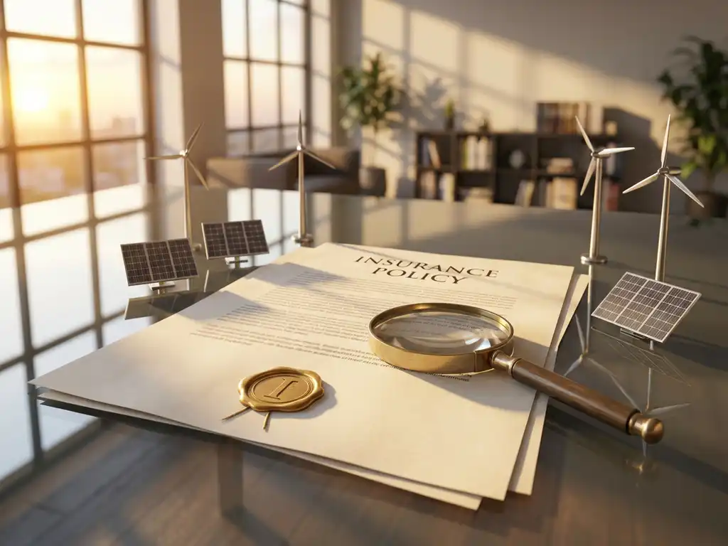 Insurance policy document with golden wax seal on glass desk surrounded by miniature solar panels and wind turbines with magnifying glass examining details
