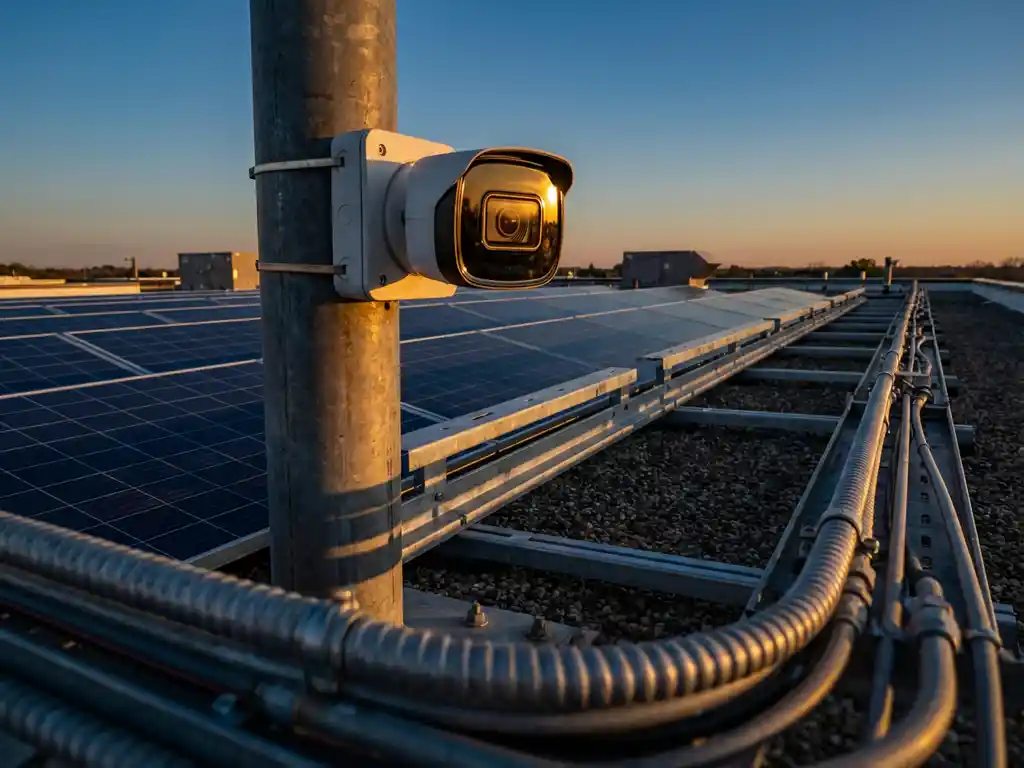 Security camera on metal pole monitoring commercial solar panel installation on rooftop with golden sunlight and blue panels