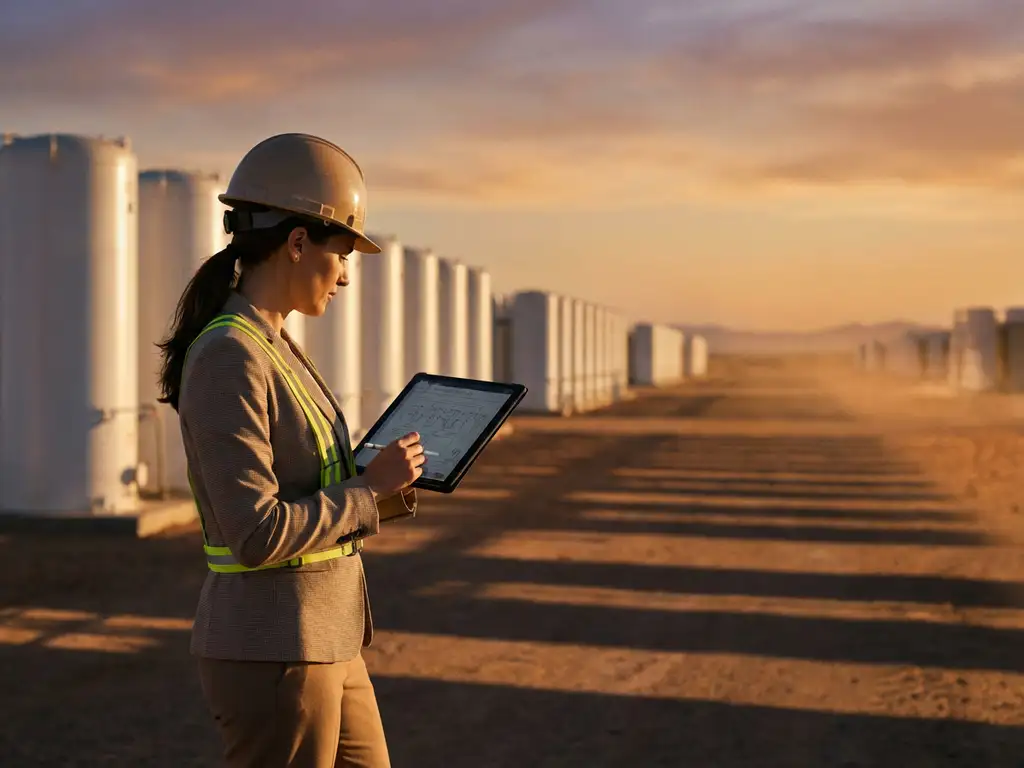Insurance inspector reviews technical documentation on tablet at massive solar battery storage facility with white cylindrical units across desert landscape during golden hour.