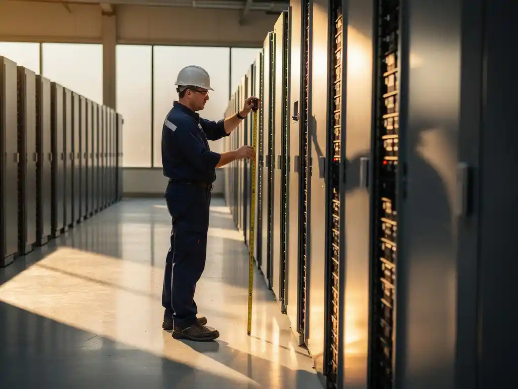Solar technician measuring distances between industrial battery storage racks in utility-scale facility with sunlight streaming through windows