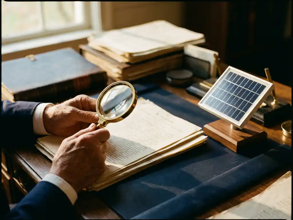 Verweerde handen die een vergrootglas boven juridische documenten houden op een houten bureau met een klein zonnepaneelmodel in warm licht