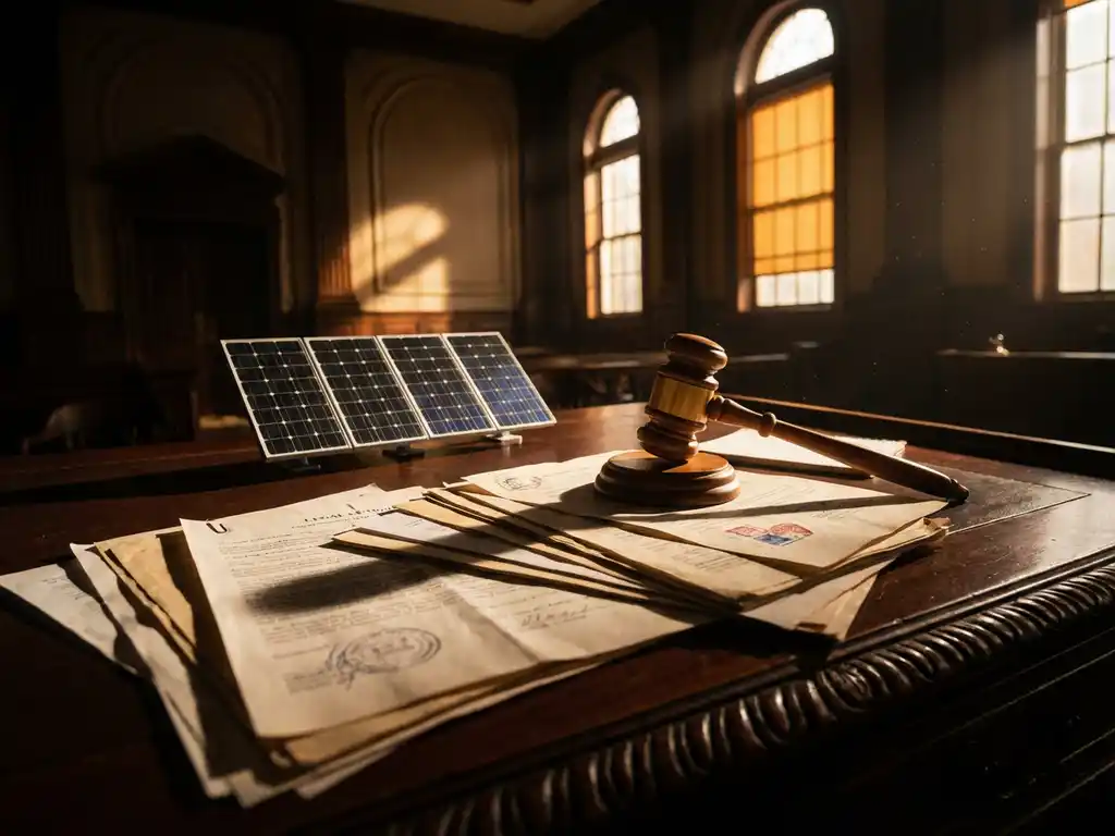 Gavel striking down beside miniature solar panels on mahogany courtroom desk with scattered legal documents in dramatic amber sunlight