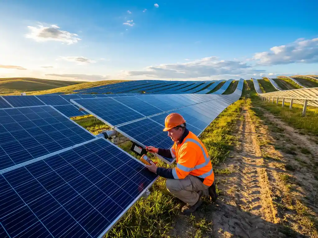 Inspector in high-visibility vest examining solar panel connections with instruments at utility-scale photovoltaic farm under blue sky