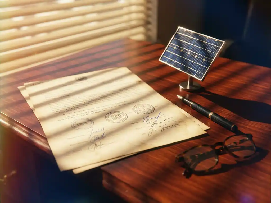 Financiële documenten met stempels en handtekeningen op mahoniehouten bureau naast een miniatuur zonnepaneelmodel, vulpen en bril in de buurt