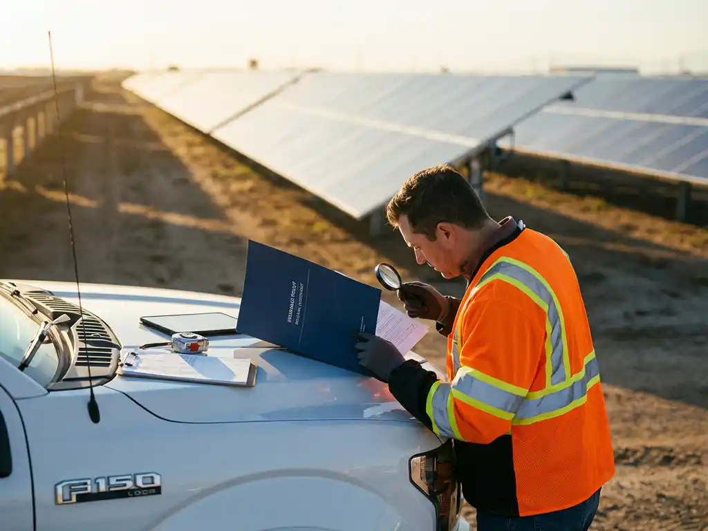 Solar inspector in high-visibility vest examining insurance document on white vehicle hood with solar panel array in background