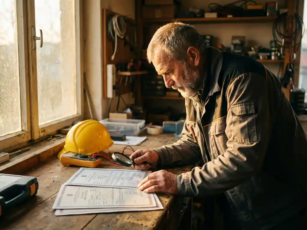 Gecertificeerde zonne-installateur die licentiedocumenten bekijkt met een vergrootglas op een houten bureau, veiligheidshelm en elektrische apparatuur in de buurt